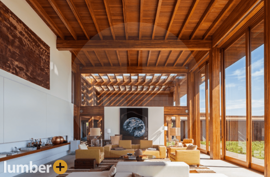 The Ipe beams and panels show off its strength, creating a solid, architectural ceiling.