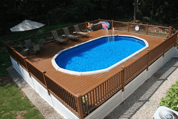 Enclosed lounge deck with privacy skirt for comfort and seclusion.