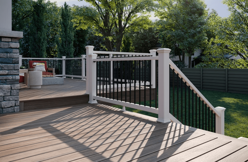 A Trex Enhance® deck in Honey Grove, with complimentary white railing. 