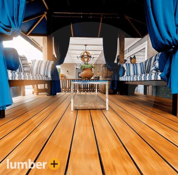 A poolside deck made from Garapa wood. 