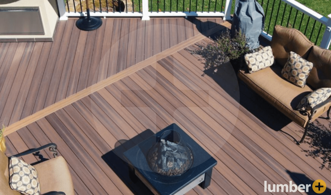 An elevated wood deck attached to a residential home. 