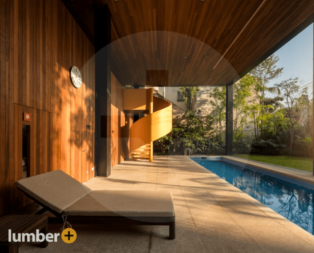 Wood siding and ceiling add warmth and style to this home.