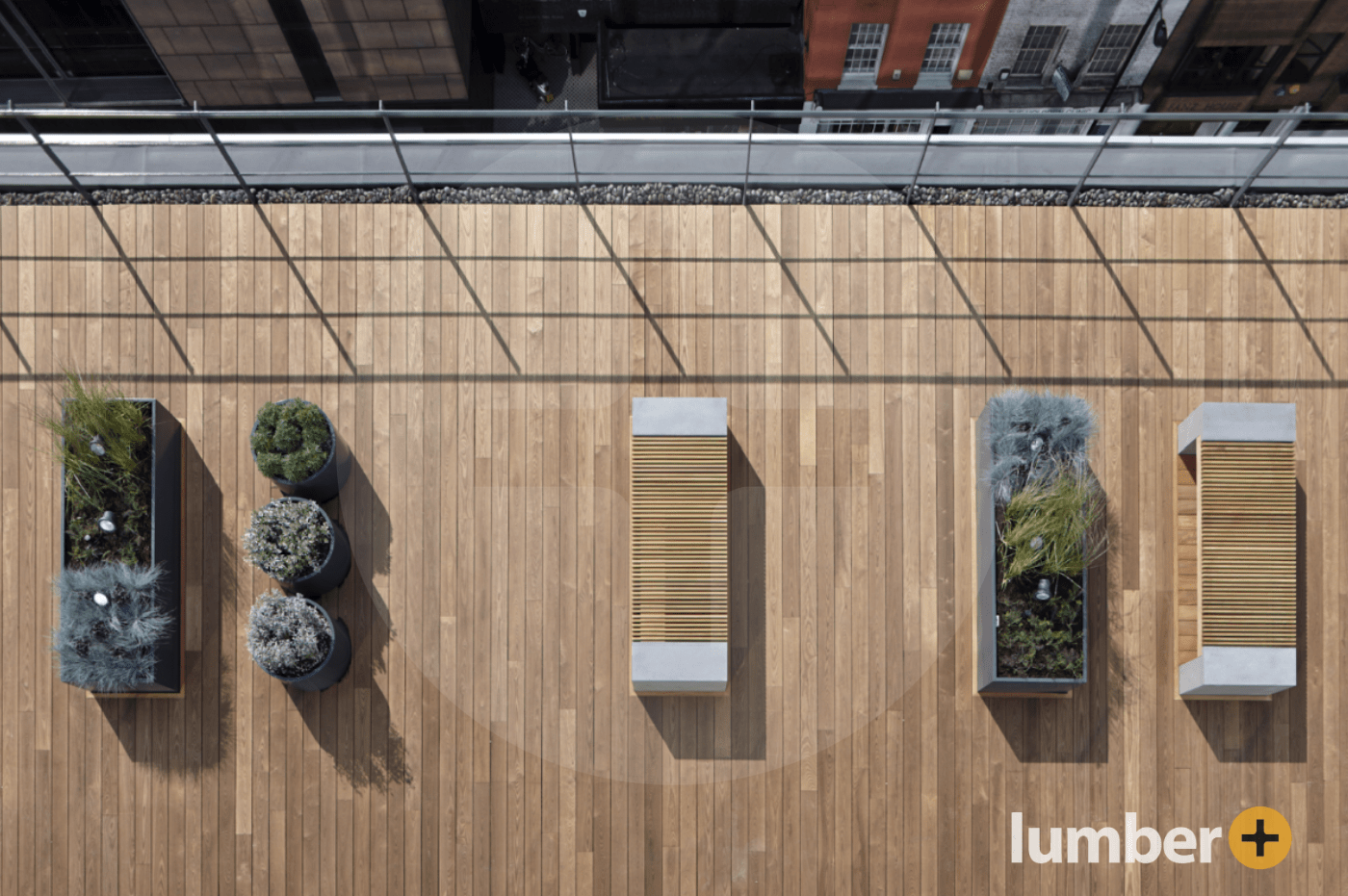 an image of a rooftop deck sitting areas made out of Thermo Ash