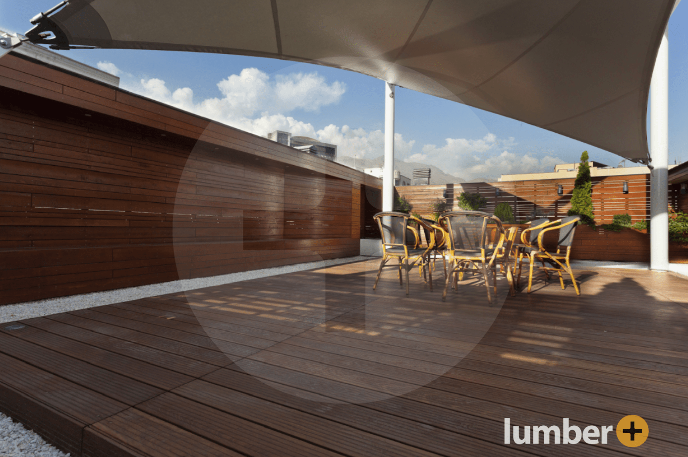 an outdoor patio area made out of Thermo Ash wood.