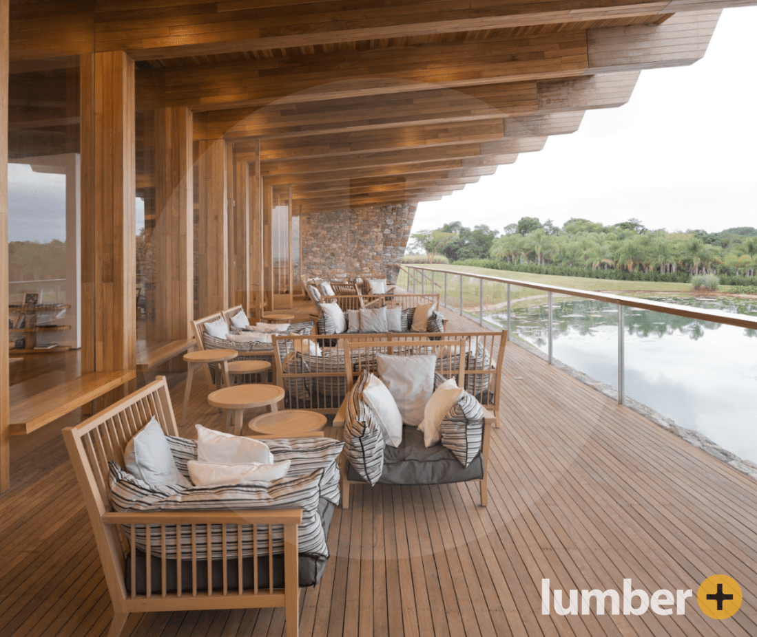  a commercial building design idea with a lakeside deck and wood overhang