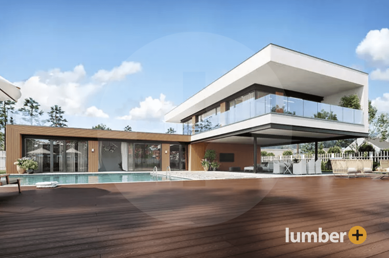 Dark wooden deck leading to a swimming pool at a multi-leveled house. 