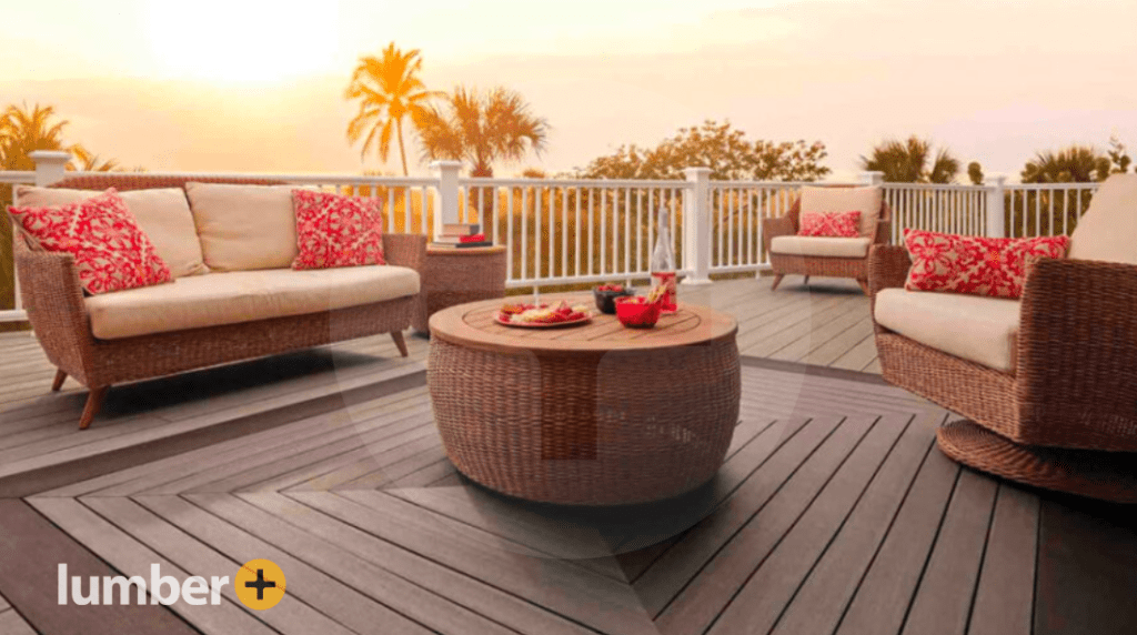 Large outdoor deck that is up-to-code with deck furniture