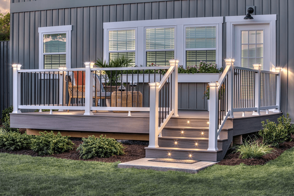 Trex deck on the back of a home with LED-lit railing caps and stairs, creating a cozy and modern outdoor space.