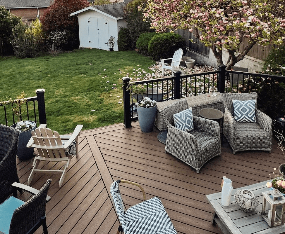 Trex deck featuring a geometric layout with bold shapes, offering a unique and modern aesthetic.