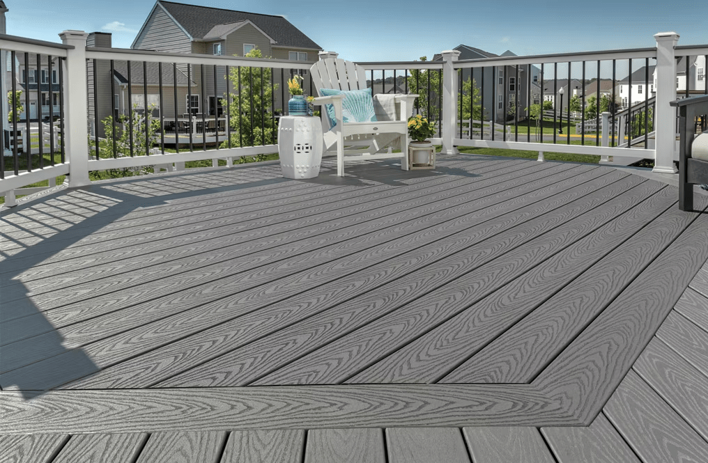 A Trex Select® deck in Pebble Grey, showcasing light and cool gray tones.