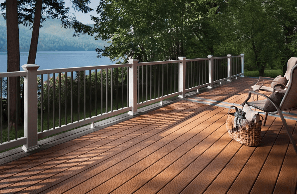 A Trex Select® deck in Saddle, featuring warm brown tones.