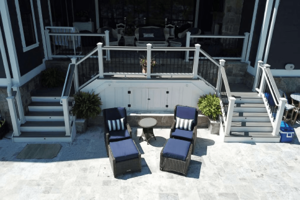 Trex deck stairs in two-tone with a bold railing system. 