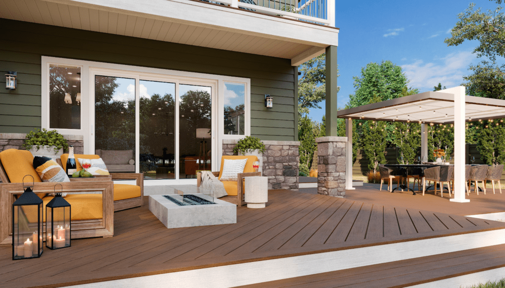 Image of a backyard, multi level deck using Trex decking.