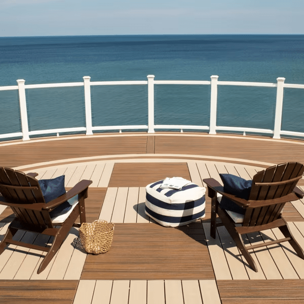 Dark brown and taupe Trex Transcend® composite deck with a basketweave pattern, showcasing Trex color combinations, overlooking the ocean.