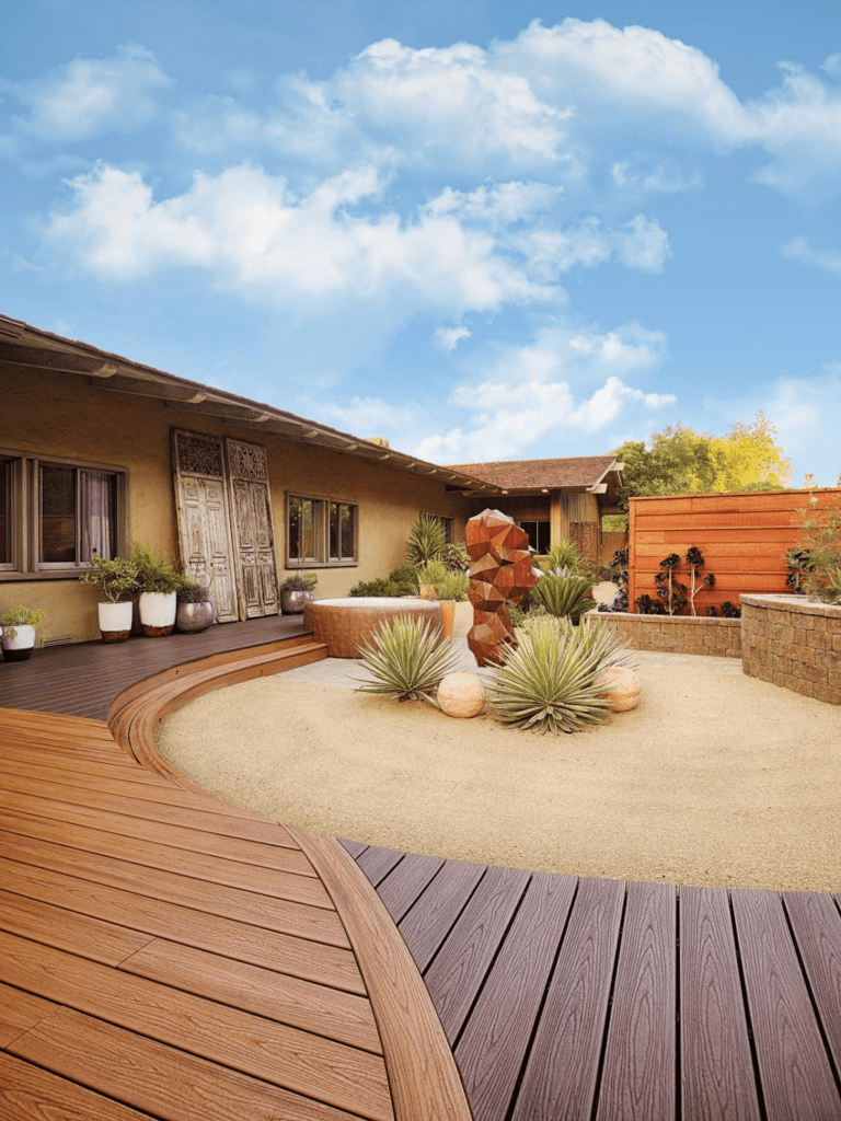 Trex curved deck in rich dark brown and light brown tones, creating an inviting Southwestern-inspired outdoor space.