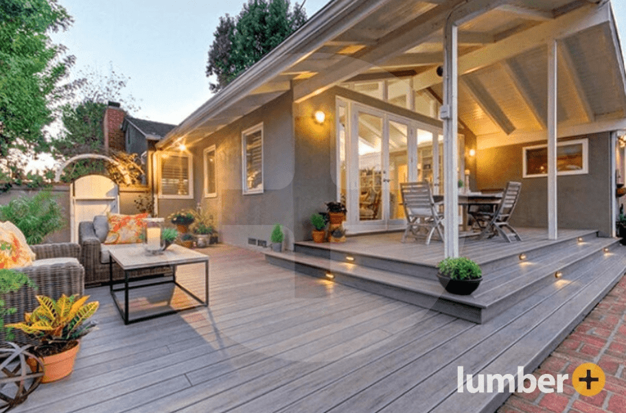 A beautiful wooden deck featuring stylish patio furniture for outdoor relaxation.