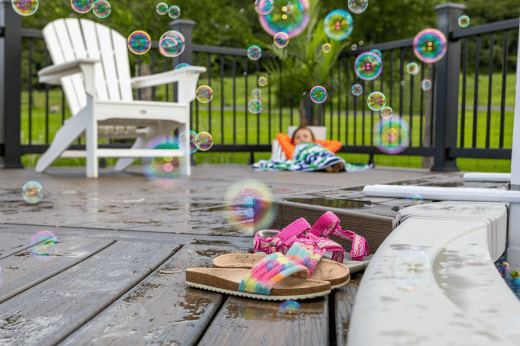 A photo showing a wet Trex deck that’s not slippery.