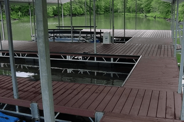 Floating Trex deck with dedicated areas for boats and jetskis.