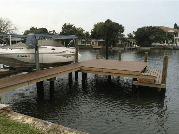 Trex multi-level floating dock with an elevated area for boat storage.