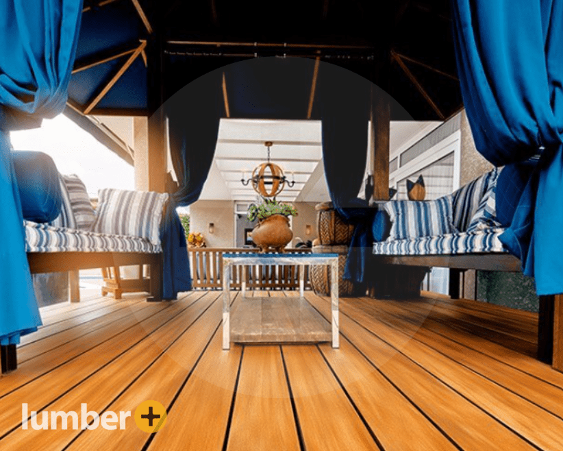 An image of an exotic wood deck with patio furniture.