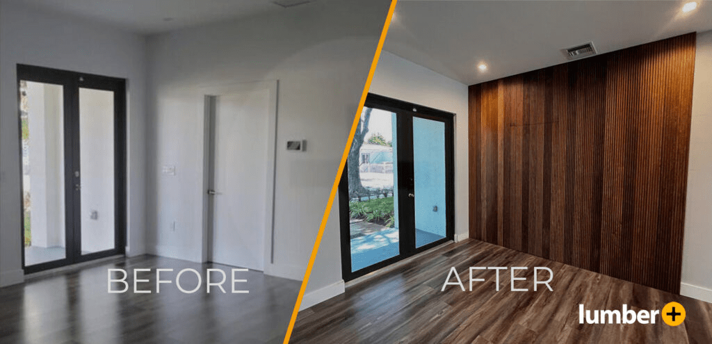 Before and after of wood accent wall ideas.