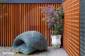 A courtyard featuring a wood accent wall.