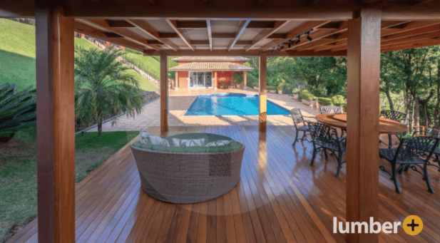 Tropical decking frames the outdoor hot tub and pool beautifully.