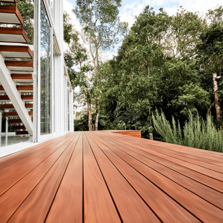 A tranquil Cumaru retreat with an elevated small deck patio