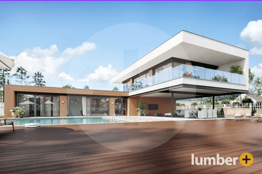 Elegant poolside deck with lounge area next to modern style house. 