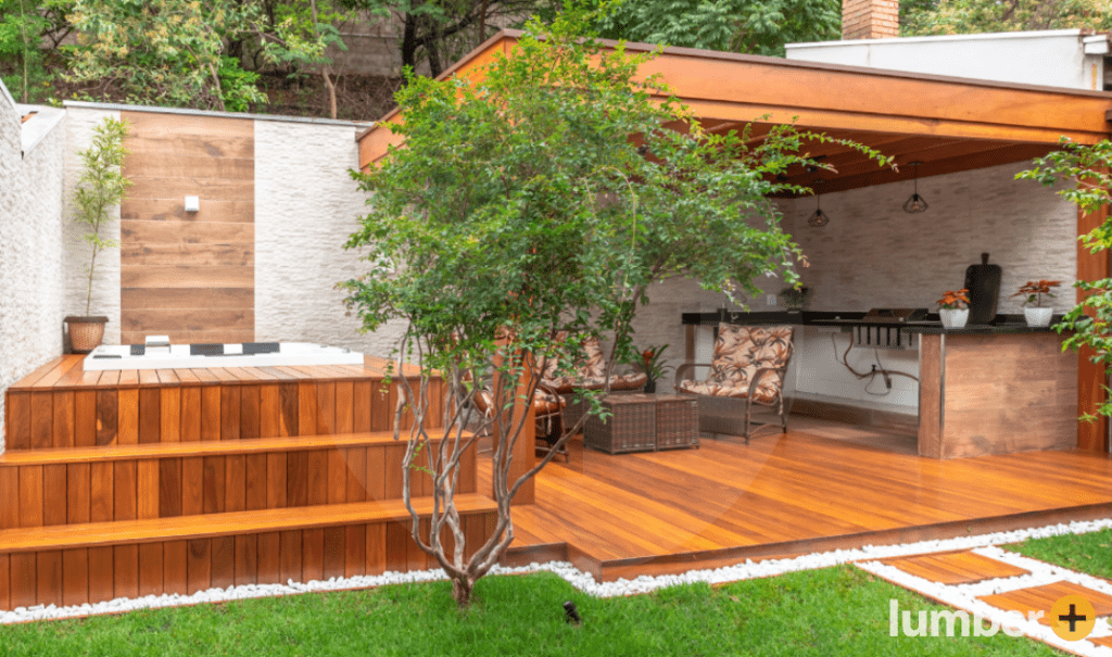 floating deck idea with pergola that has warm wood color tones