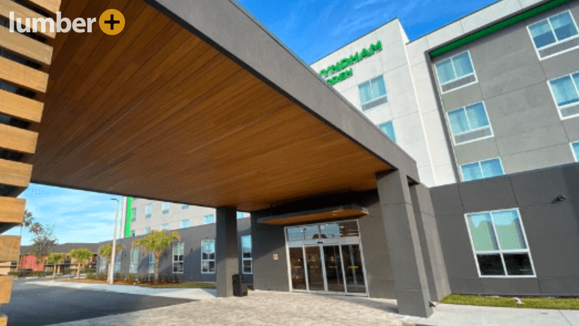 Thermally modified wood used on a ceiling of a hotel lobby entrance