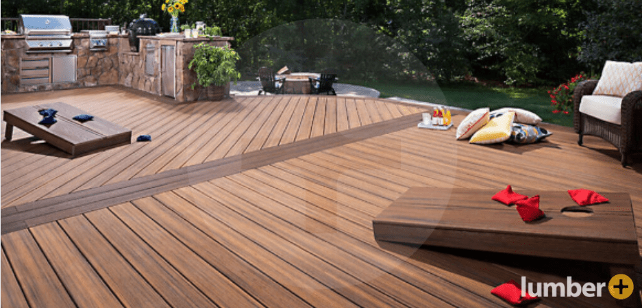 Dark wood deck with an aesthetically pleasing layout.