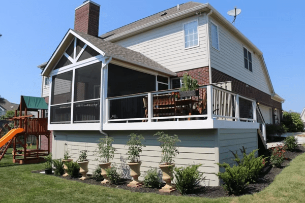 Horizontal Trex deck skirting design for a modern, contemporary appearance by Backyard Living in Indiana.