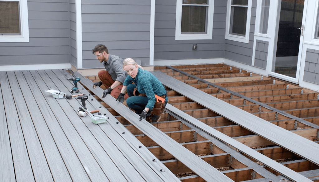 Image of the install process of gaps between trex boards on a deck.