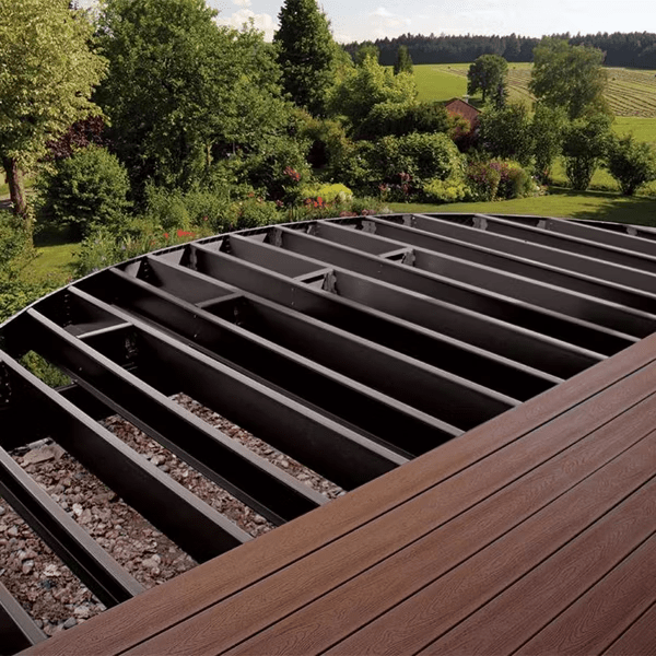 A curved Trex composite deck installed with hidden fasteners.