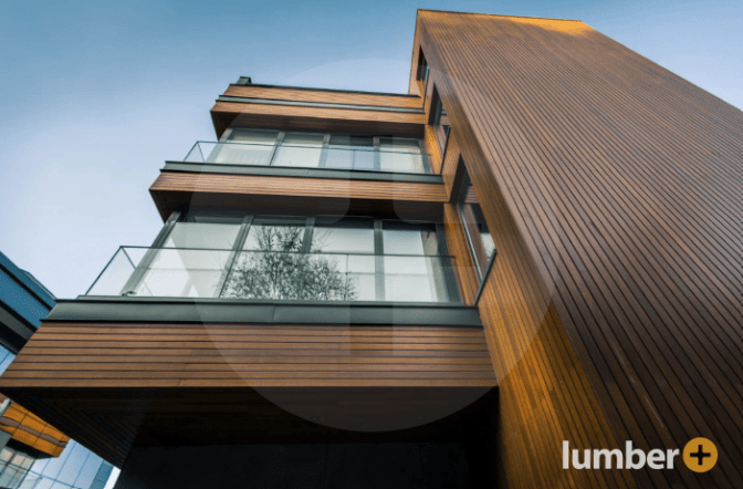 Horizontal and vertical wood slats adorn an office building.