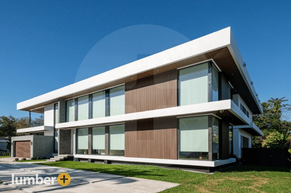 Wood textured cladding on the exterior of a house with big glass windows.