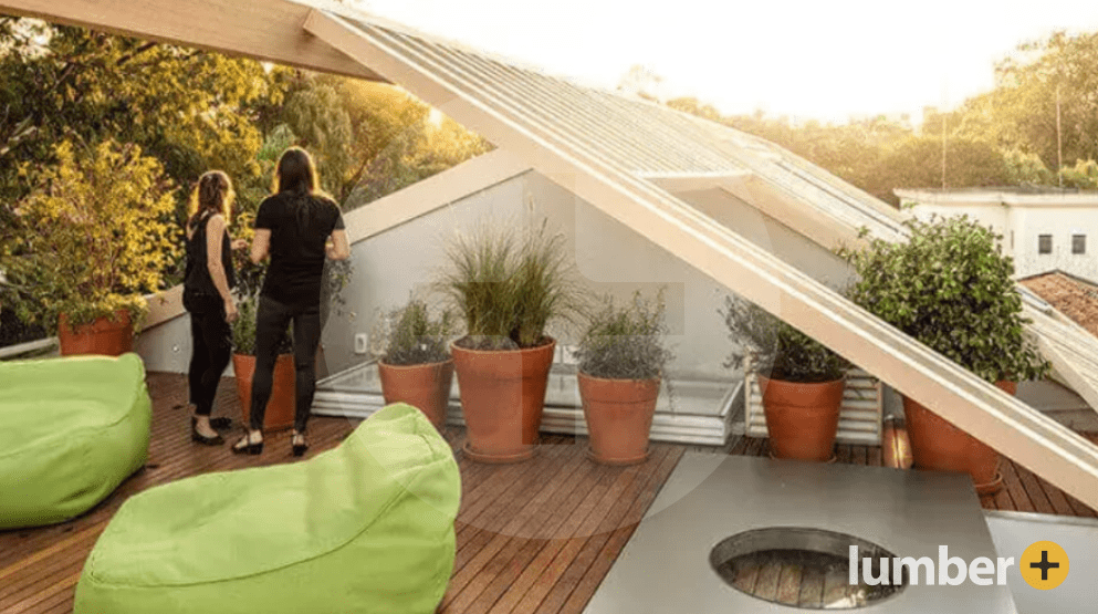 A luxury rooftop deck made out of hardwood for relaxation.