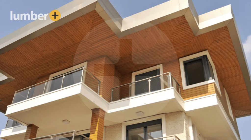 Wooden rainscreen cladding on the soffit of a house