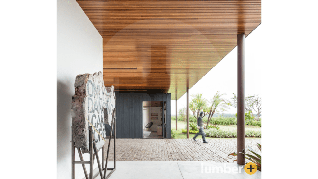 modern stone balcony with hardwood ceiling