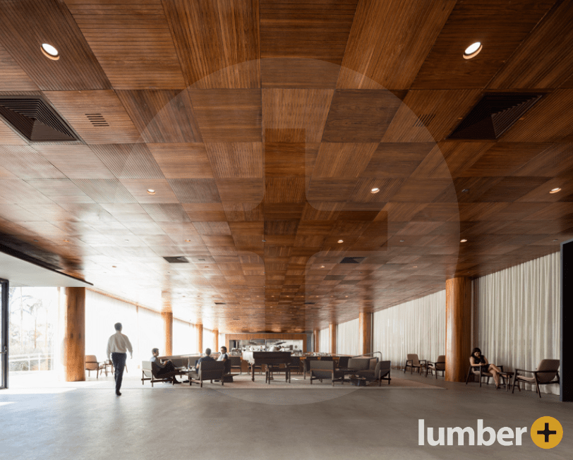 Hardwood ceiling with geometric, square shapes with parallel lines