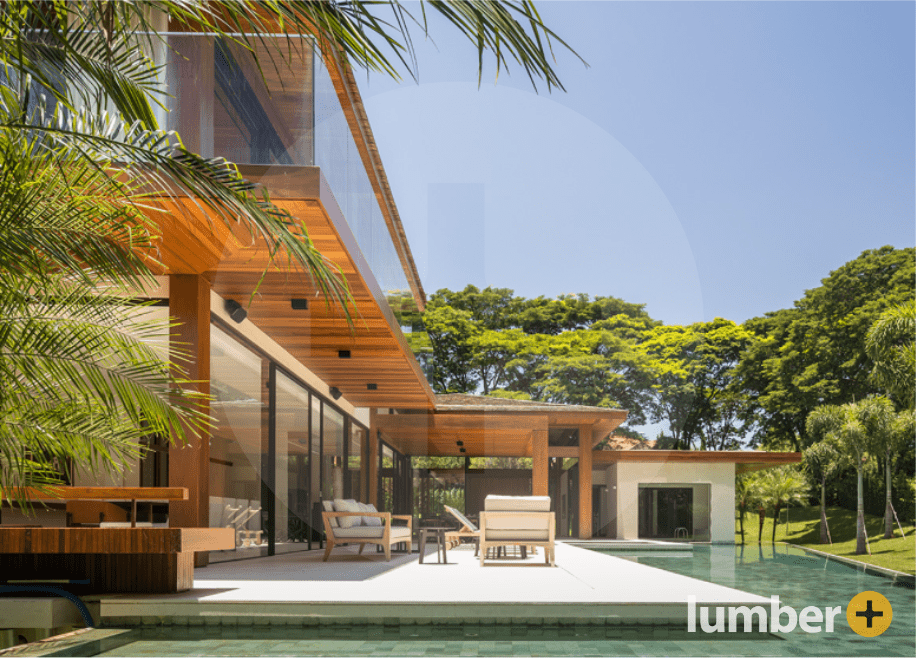 tropical hardwood ceiling idea with modern pool and patio sets