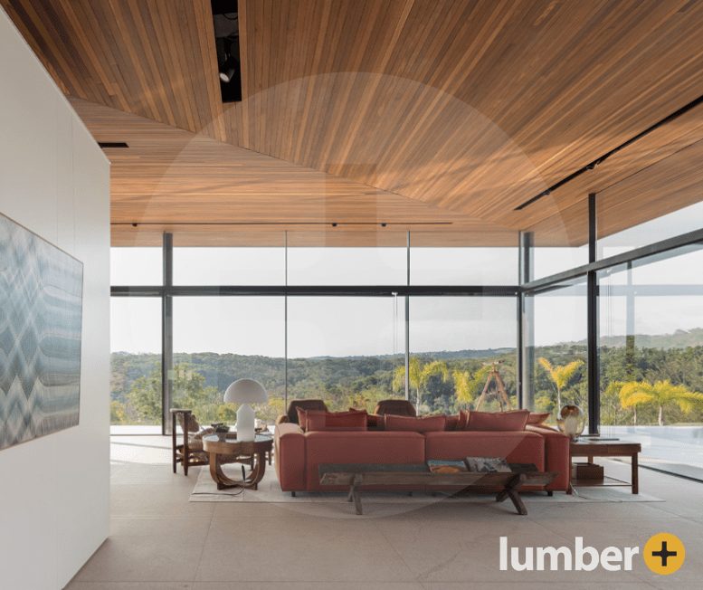 an interior living room space with hardwood ceiling and a panoramic view