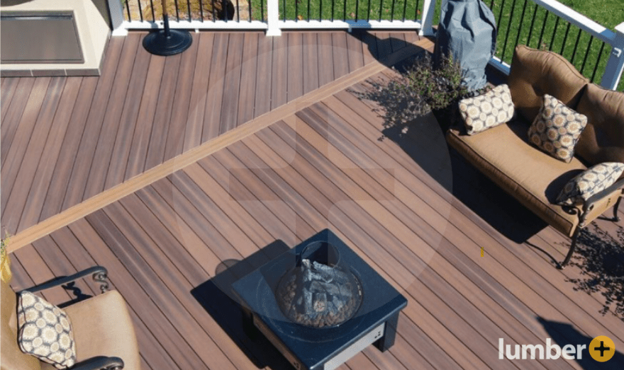 A drone image of a two-tone deck crafted by Lumber Plus.