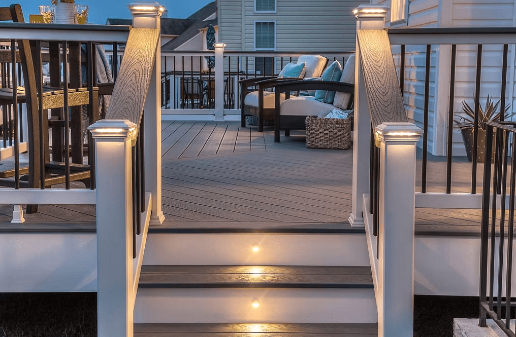 Trex deck stairs with integrated lighting for safety and ambiance.