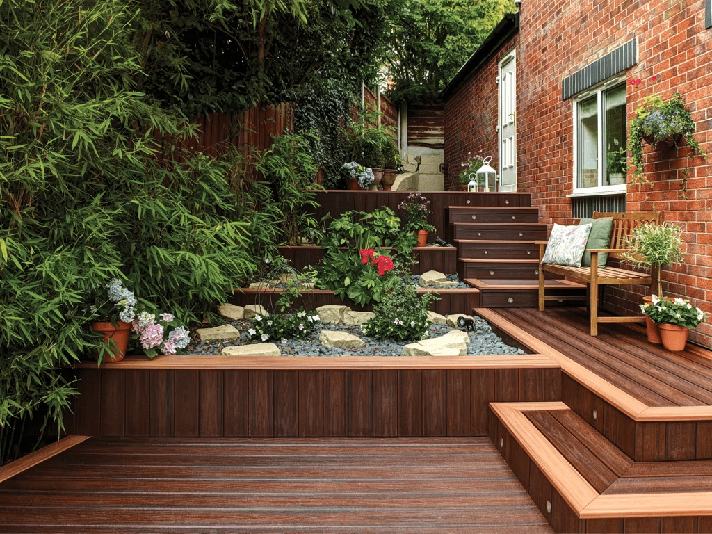 Wide Trex deck stairs with planters on the sides, creating a garden-like ambiance.