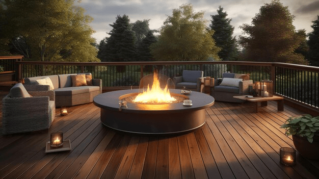 A large fire pit on a composite deck.