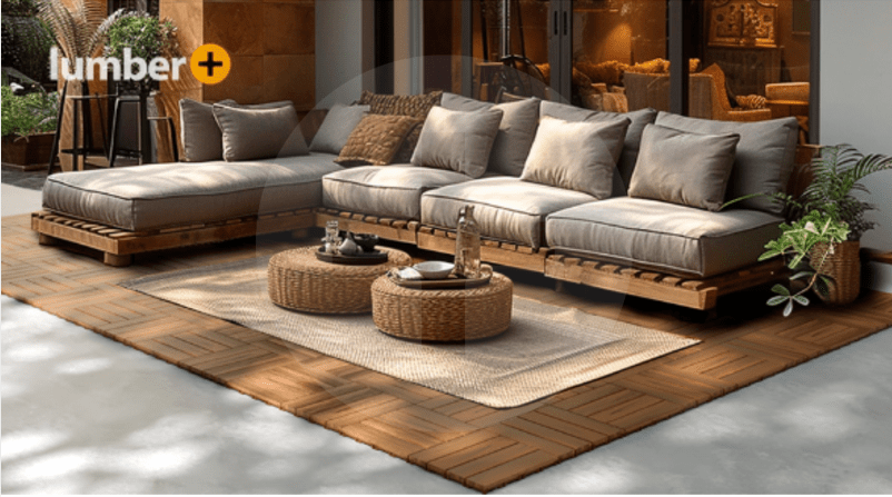 A cozy outdoor sofa pairs with woven tables atop wood deck tiles.