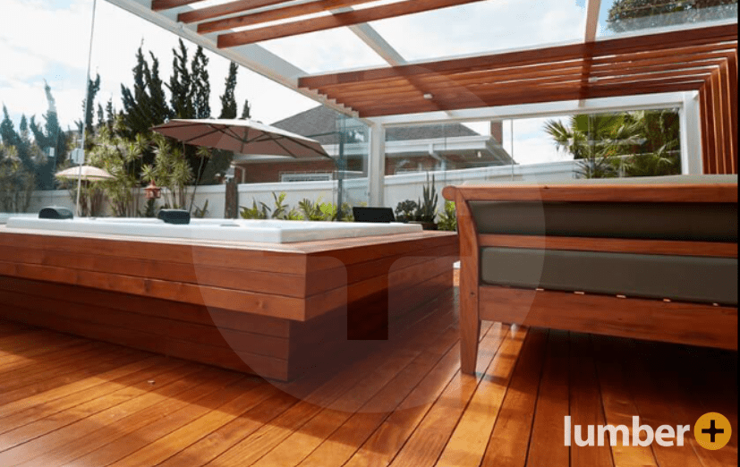Jatoba hardwood decking on a backyard patio.