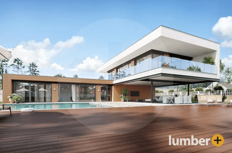 An image of composite siding on the outside of a house with a pool.